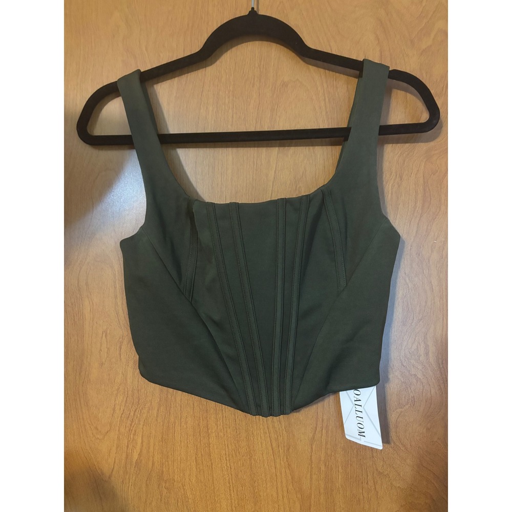 Whimsigoth Dark Olive Green Corset Crop Top Square Neck Zip Back Size M NWT